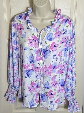 NWOT - Floral Long Sleeve Blouse - White with Pink & Purple Floral - Size Small
